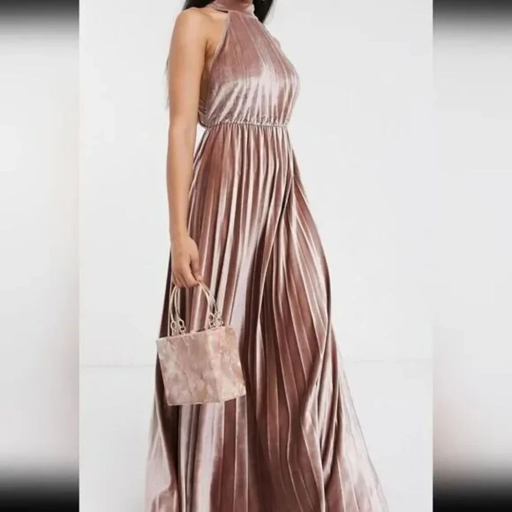 ASOS High Neck Pleated Champaign Pink Formal Maxi Dress Velvet Size 8 Chic Glam - Picture 2 of 16